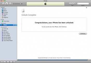 Confirmation in iTunes that your iPhone has been unlocked