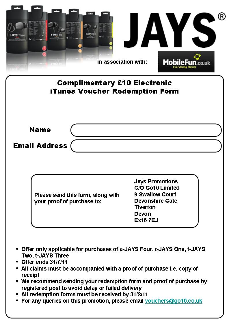 Jays iTunes voucher Redemption Print out