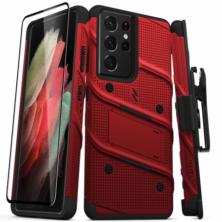 Zizo Bolt Samsung Galaxy S21 Ultra Tough Case & Screen Protector - Red